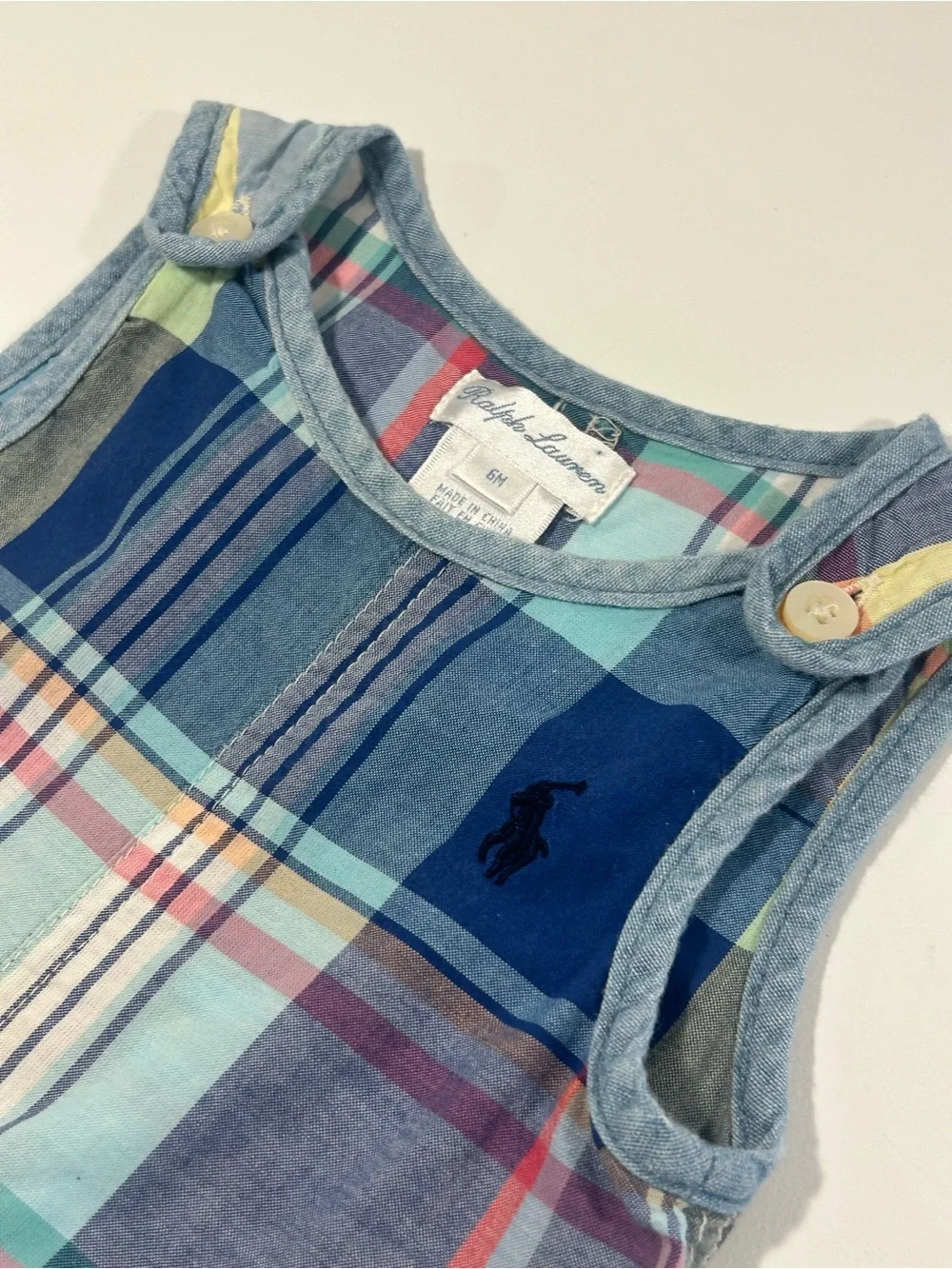 Ralph Lauren Baby 6M Blue Plaid Sleeveless Romper Shortall One Piece